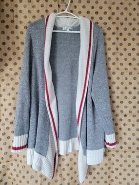 Grey Open-Front Sock Monkey Cardigan with Cream & Red Trim